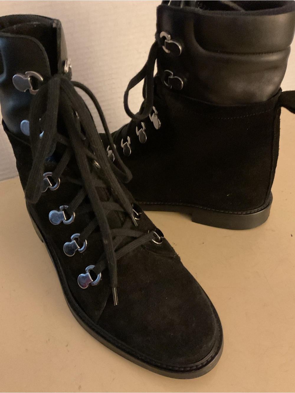 Aquatalia women black leather suede hiking combat boots US 9